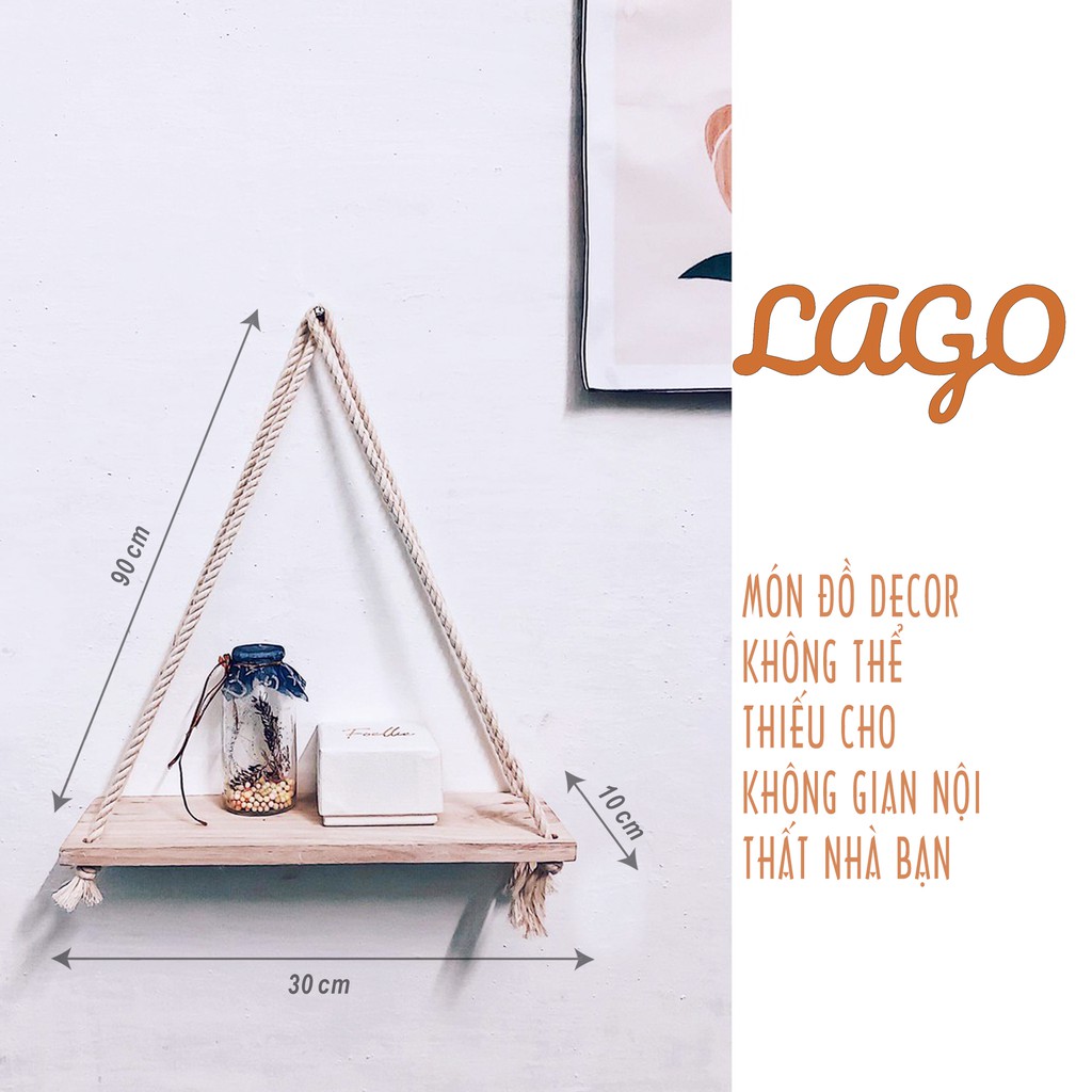 Kệ gỗ thông treo tường dây thừng  30x10 cm, 1 tầng [LAGO] decor trang trí nhà cửa phong cách Bắc Âu