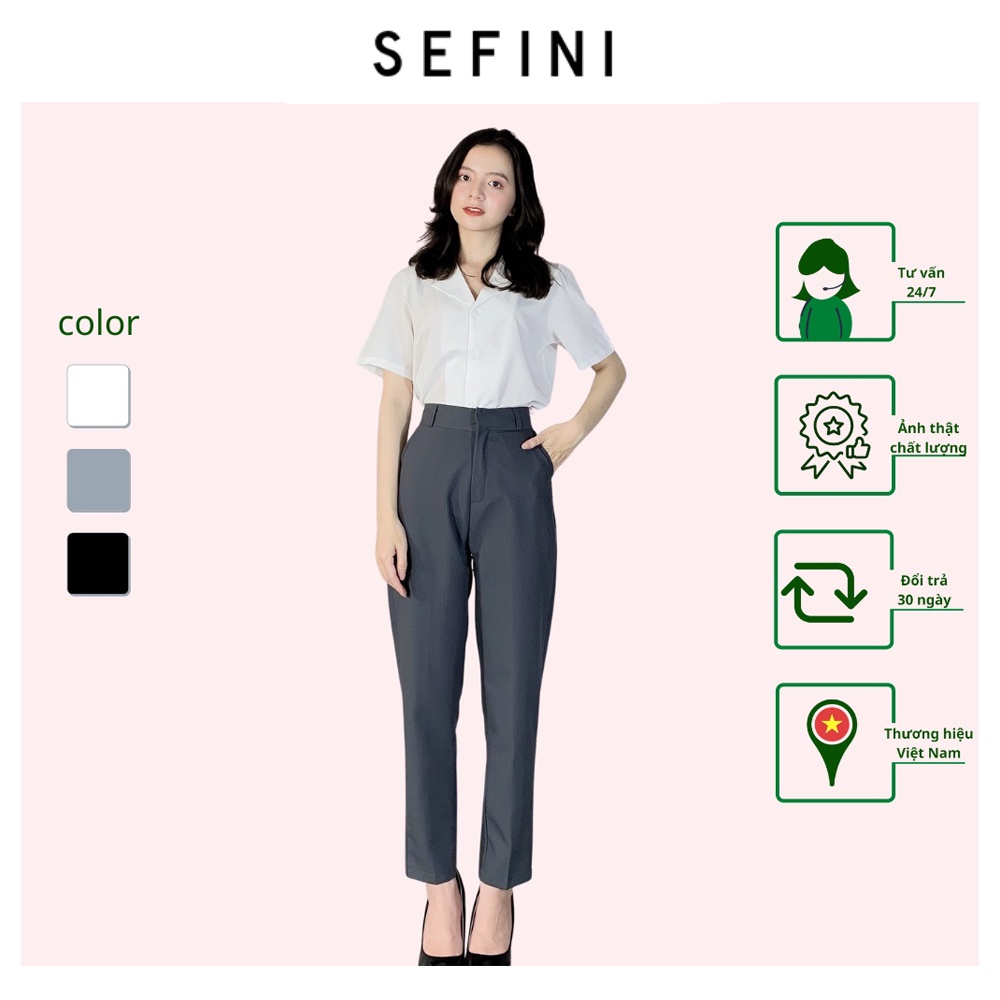Set công sở nữ SEFINI, áo sơ mi cộc tay màu trắng và quần tây màu ghi cạp cao, thiết kế cơ bản S1022