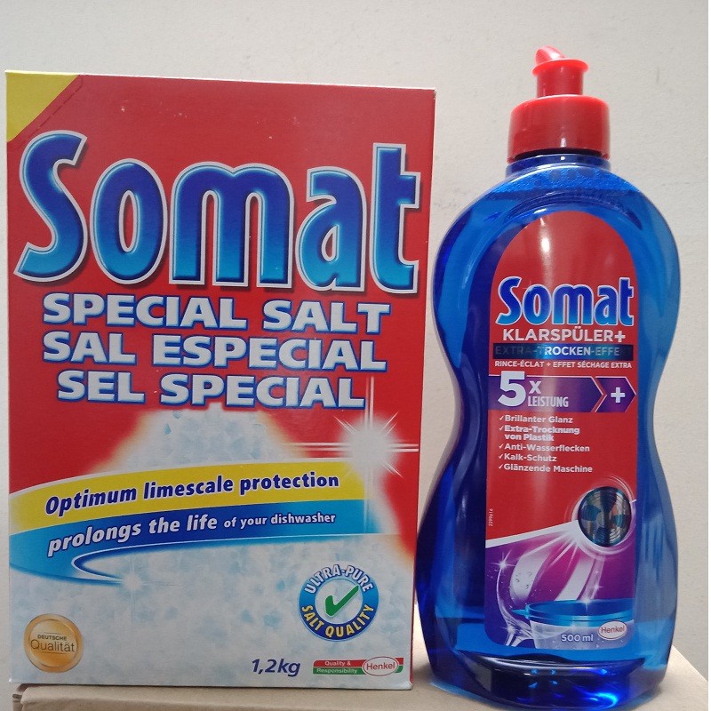 Combo muối rửa bát Somat 1,2kh và chai nưqóc làm bóng Somat 500ml Hàng Đức