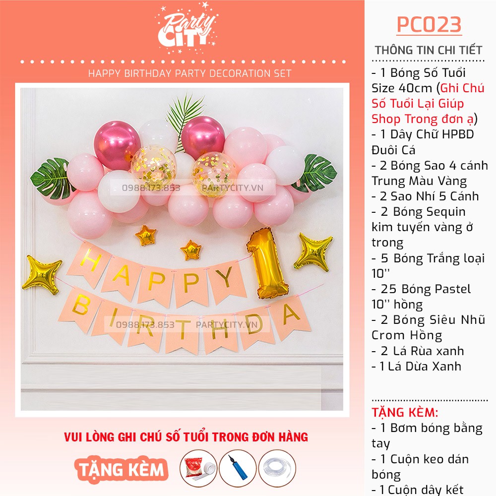 Set bóng trang trí sinh nhật bé gái , trang trí thôi nôi, đầy tháng bé gái Partycityvn PC023