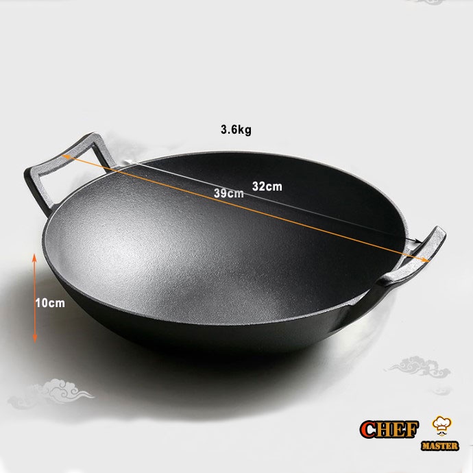 Chảo Gang Bầu Wok Sâu Lòng Chuyên Dụng Để Xào, Rang, Chiên Rán Size 32cm 2 Quai Kiểu Nhật Dùng Được Bếp Từ Bếp Ga