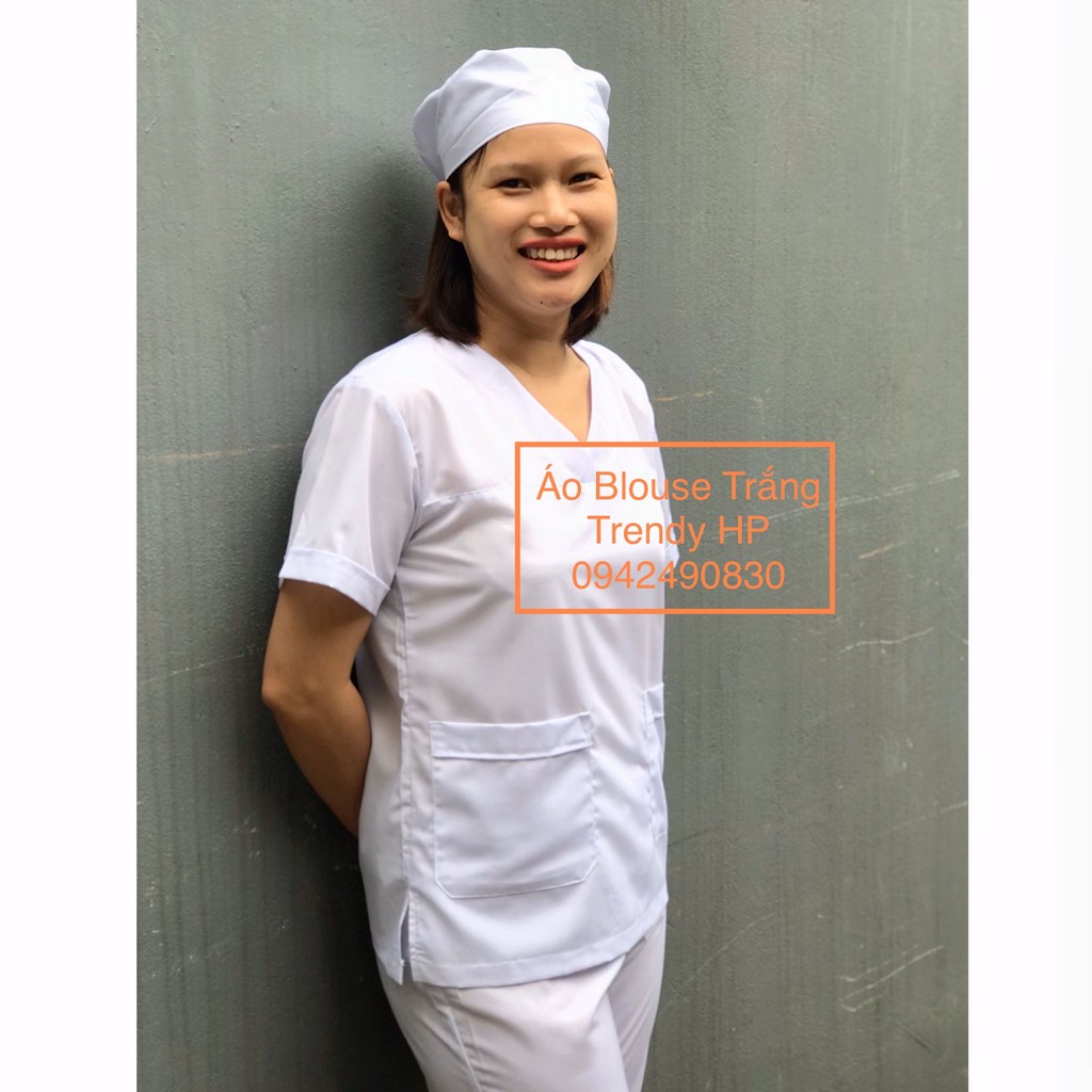 Bộ quần áo scrubs trắng nam nữ cộc tay - bộ quần áo blouse trắng cổ tim nam nữ