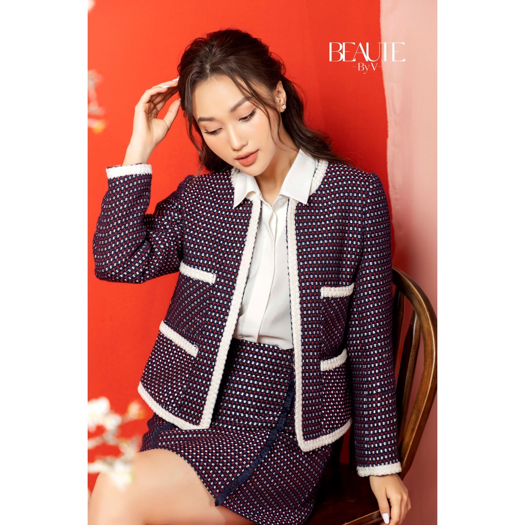 BEAUTEBYV - Áo khoác tweed màu xanh than pha đỏ viền ren trắng trang trí Havie
