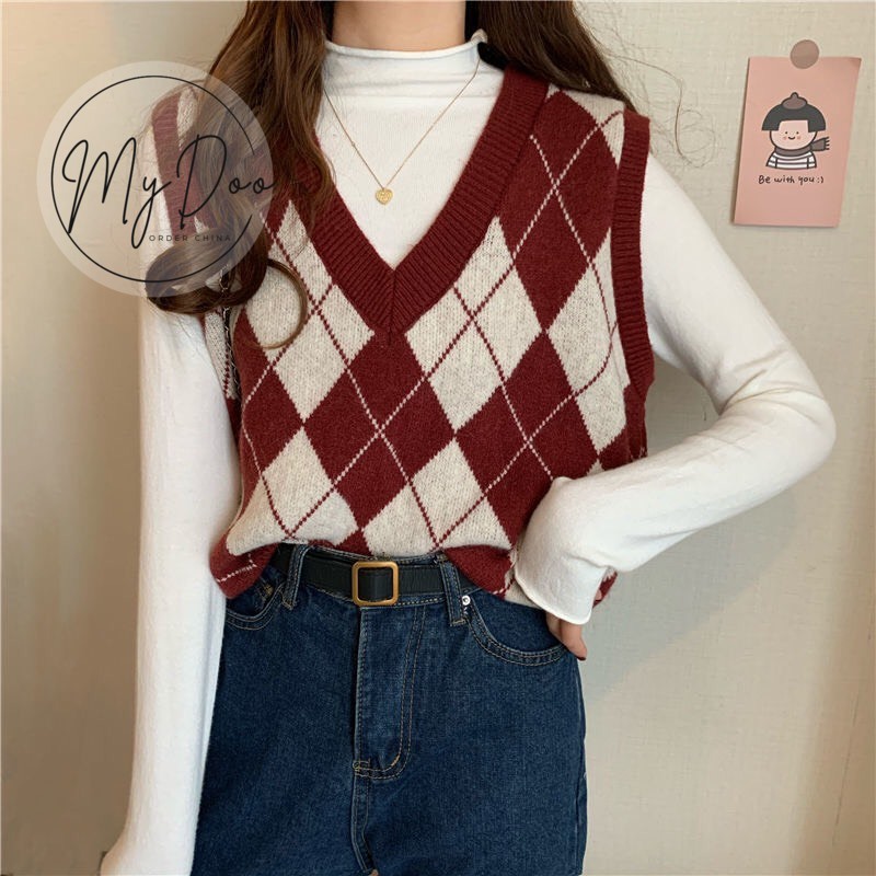 Áo gile caro Đỏ/ Đen ⚡️HÀNG LOẠI I ⚡️ áo ghi lê len nữ thì phong cách Hàn Quốc-  GL15 | BigBuy360 - bigbuy360.vn