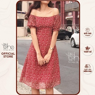 Đầm cổ vuông tay phồng thắt dây She, váy hoa nhí bẹt vai midi siêu xinh SDX134