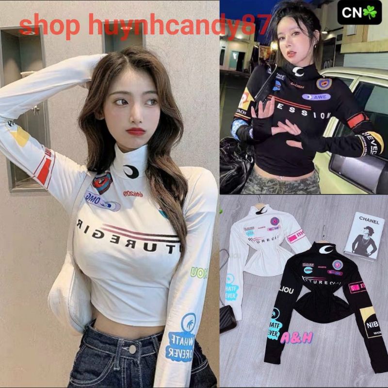 Áo croptop tay dài, cổ lọ dáng ôm in họa tiết độc đáo thời trang cá tính phong cách hàn