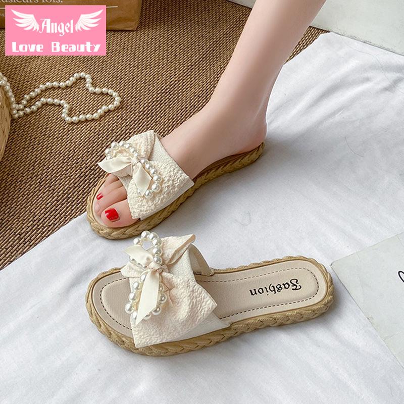 Dép Lê Đi Biển Đế Bằng Chống Trượt Đính Ngọc Trai Và Nơ Phong Cách Cổ Tích Thời Trang Mùa Hè Hàng Mới Dành Cho Bạn Nữ 2022