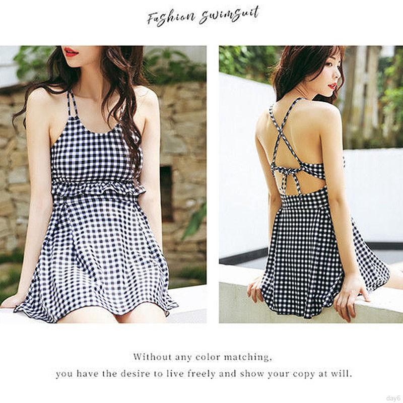 Korea Fashion New Plaid Sexy Small Chest Gathered Thin Swimsuit Female Conservative Student Conjoined Plus Size Swimsuit | BigBuy360 - bigbuy360.vn