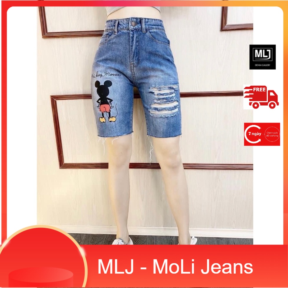 Quần jean ngố / lửng BIGSIZE lưng cao, co dãn mạnh rách kiểu 3311 in hình hoa cúc dễ thương