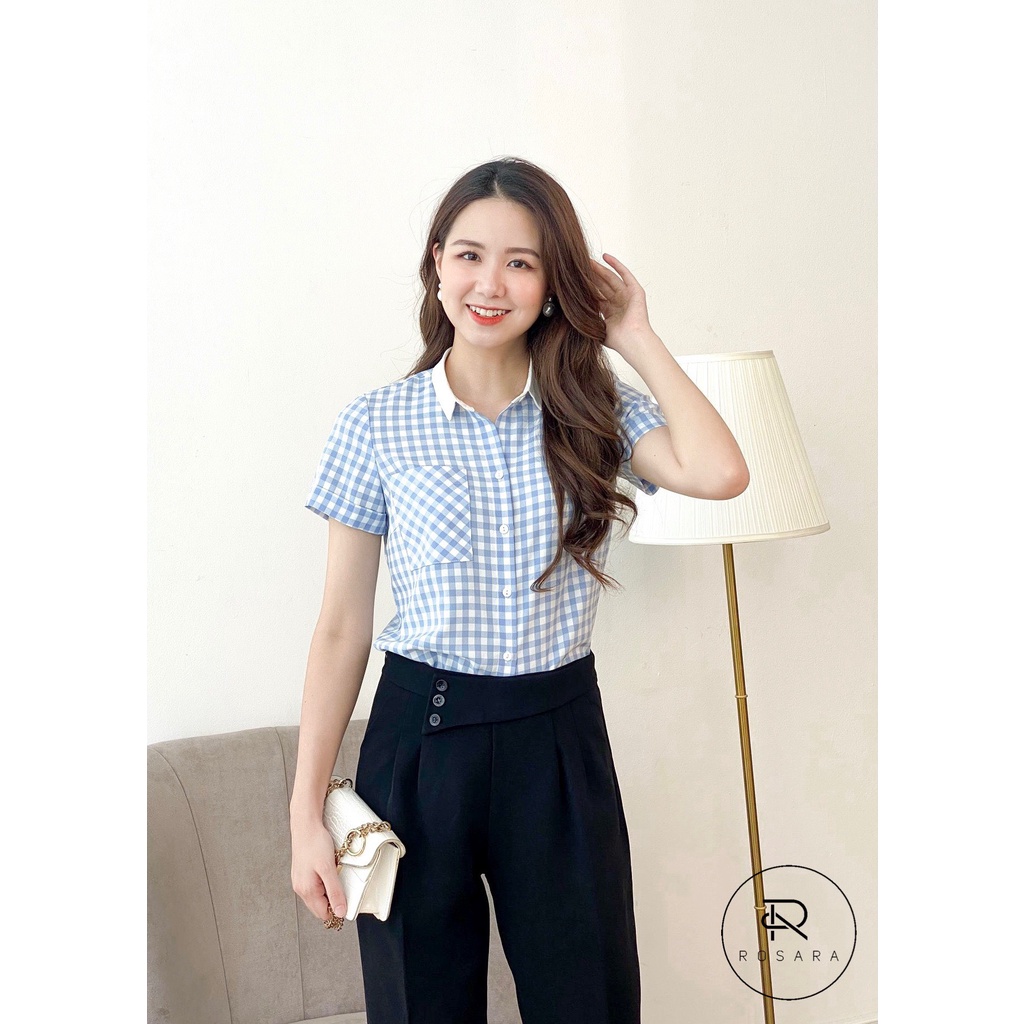Áo sơ mi kiểu thời trang nữ kẻ xanh dáng suông Rosara AM199