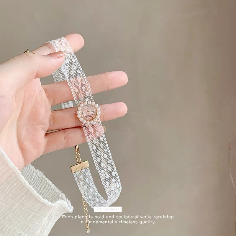 Vòng Cổ Choker Dây Ren Trắng Đính Ngọc Trai Phong Cách Hàn Quốc