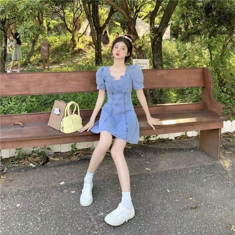 Váy denim tay phồng thiết kế thời trang phong cách Pháp cho nữ