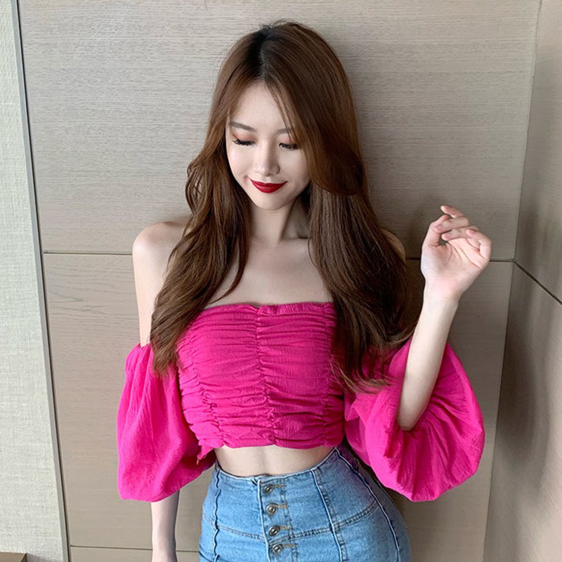 Áo Croptop Trễ Vai Tay Ngắn Dáng Ôm Màu Sắc Trơn Phong Cách Hàn Quốc Thời Trang Cho Nữ