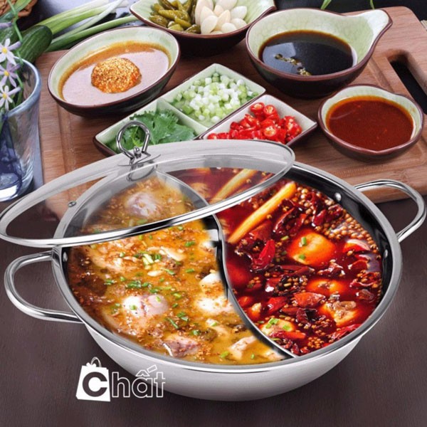 Chảo lẩu 2 ngăn Hotpot dùng cho mọi loại bếp inox 304 sáng bóng