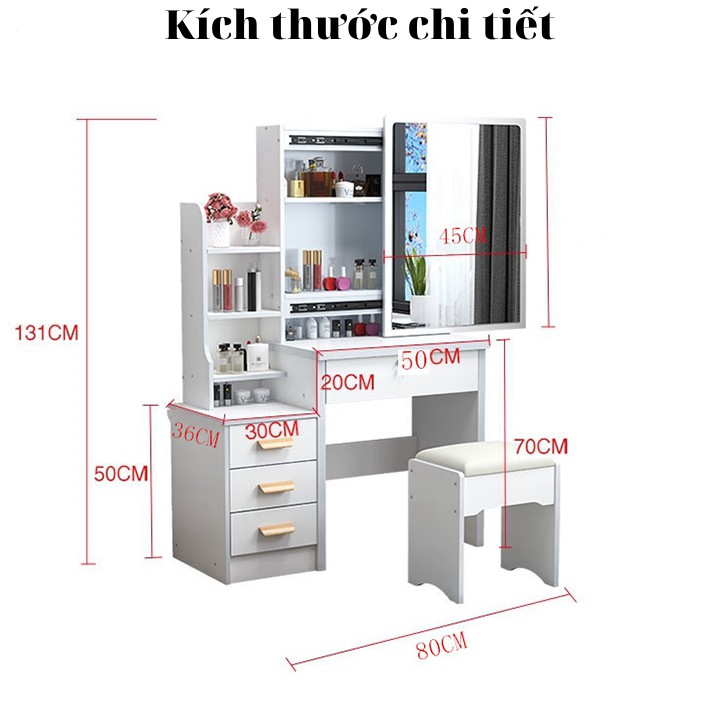 Bộ Bàn Ghế Trang Điểm Kèm Gương - Bàn Phấn Có Tủ Ẩn Sau Gương Và Ngăn Kéo