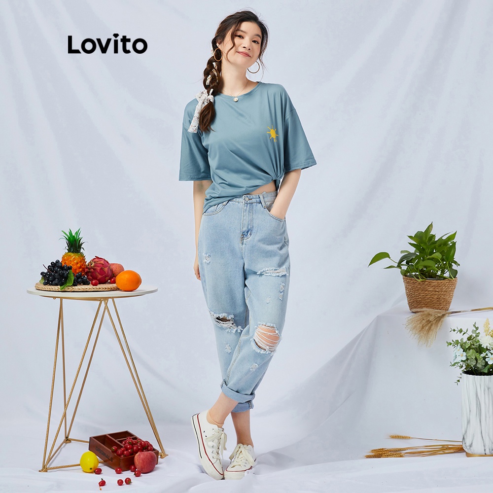 Áo thun cổ tròn in hình mặt trời Lovito L11081(Xanh lam)