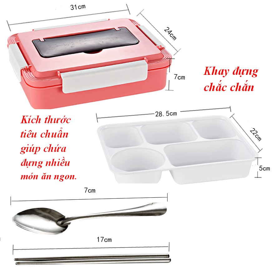 Hộp đựng cơm đa năng 5 ngăn + Tặng kèm khay đựng và đũa thìa INOX,Hộp cơm đa năng loại to tự làm nóng thức ăn bằng nước