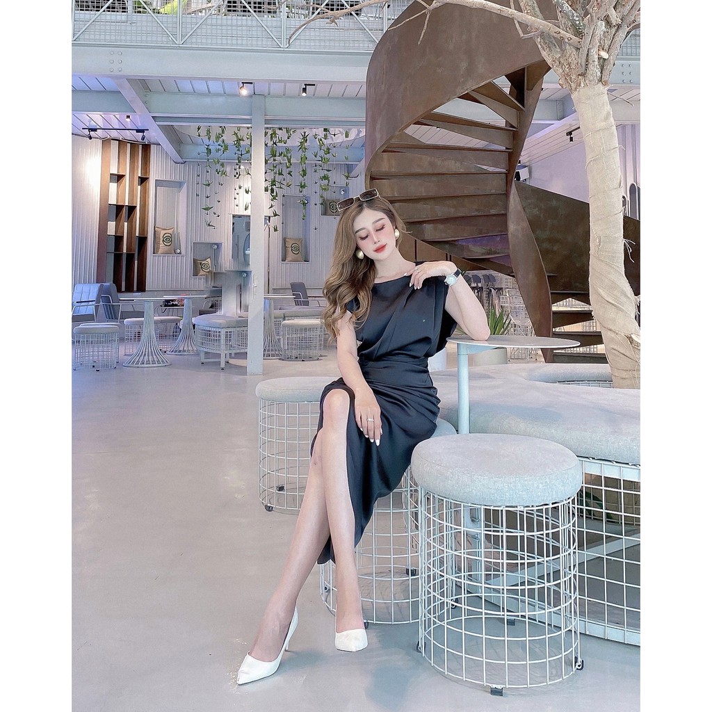 Đầm dự tiệc cột eo xẻ tà quyến rũ lụa hàn châu màu đen - màu trắng - DA002 | BigBuy360 - bigbuy360.vn