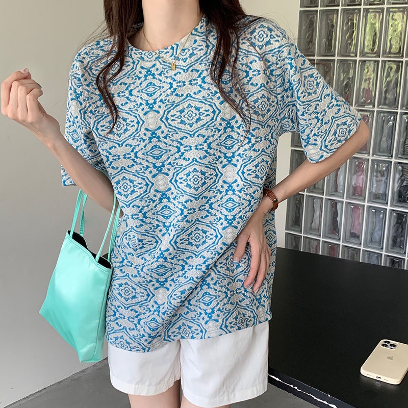 Áo Thun Ngắn Tay Họa Tiết Hoa Dập Nổi Sành Điệu 175245 Áo Thun Form Rộng Kiểu Dáng Retro Hợp Thời Trang
