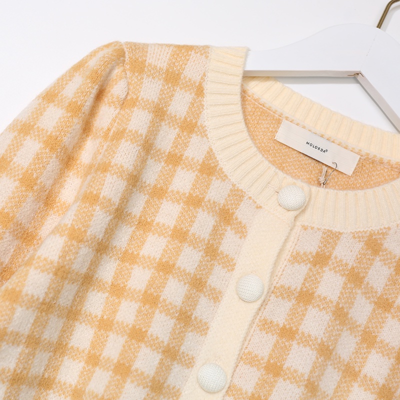 NUZIRO  Áo cardigan dáng ngắn tay dài cổ tròn họa tiết kẻ sọc caro phong cách Hàn Quốc