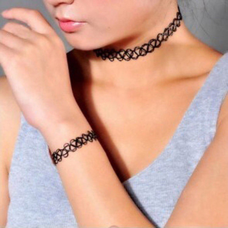 Set choker + vòng cổ và nhẫn thiết kế ren màu đen cá tính cho nữ