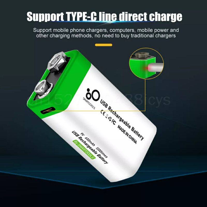 Pin sạc 9V 650mAh tặng kèm cáp sạc type C cho cảm biến báo cháy, đồng hồ vạn năng, bộ đàm....