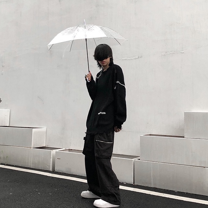 Áo sweater dệt kim dáng rộng phối rách kiểu retro đường phố cá tính cho các cặp đôi