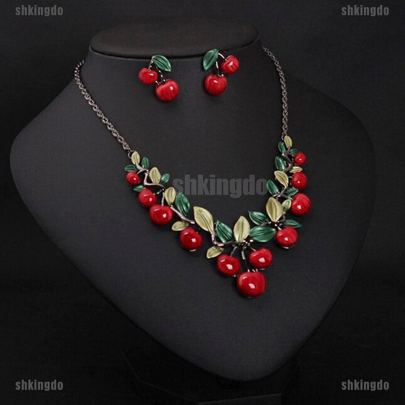 Bộ dây chuyền + hoa tai hình trái cherry đỏ xinh xắn cho nữ