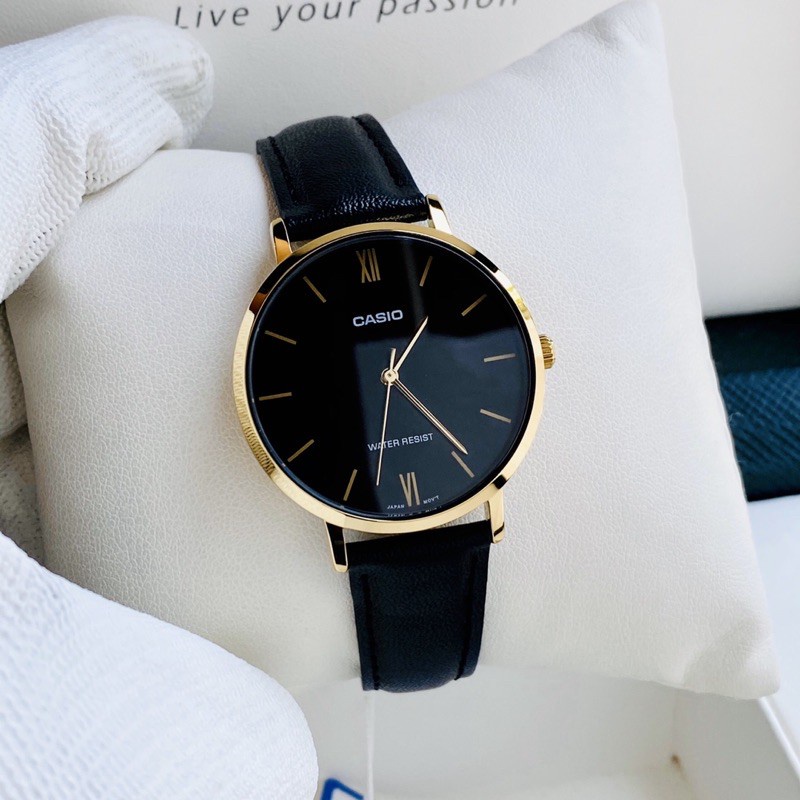 Đồng hồ Nữ Casio LTP-VT01GL-1B, đồng hồ chính hãng, dây da đen mặt đen, viền vàng