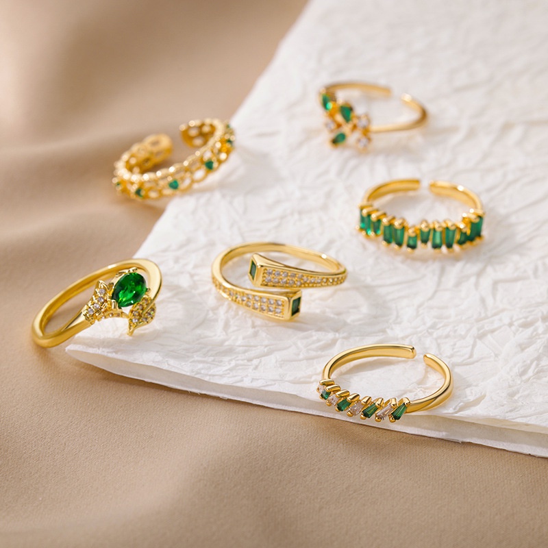 Nhẫn Đồng Đính Đá Zircon Hình Giọt Nước Màu Xanh Lá Cây Có Thể Điều Chỉnh Kích Cỡ