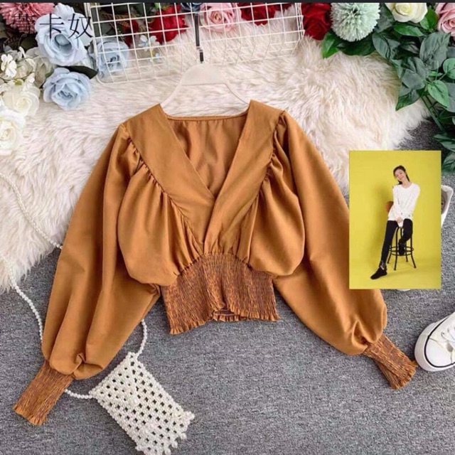 Áo voan kiểu cổ V bo eo siêu xinh HÌNH THẬT TRẢI SÀN THỨ2