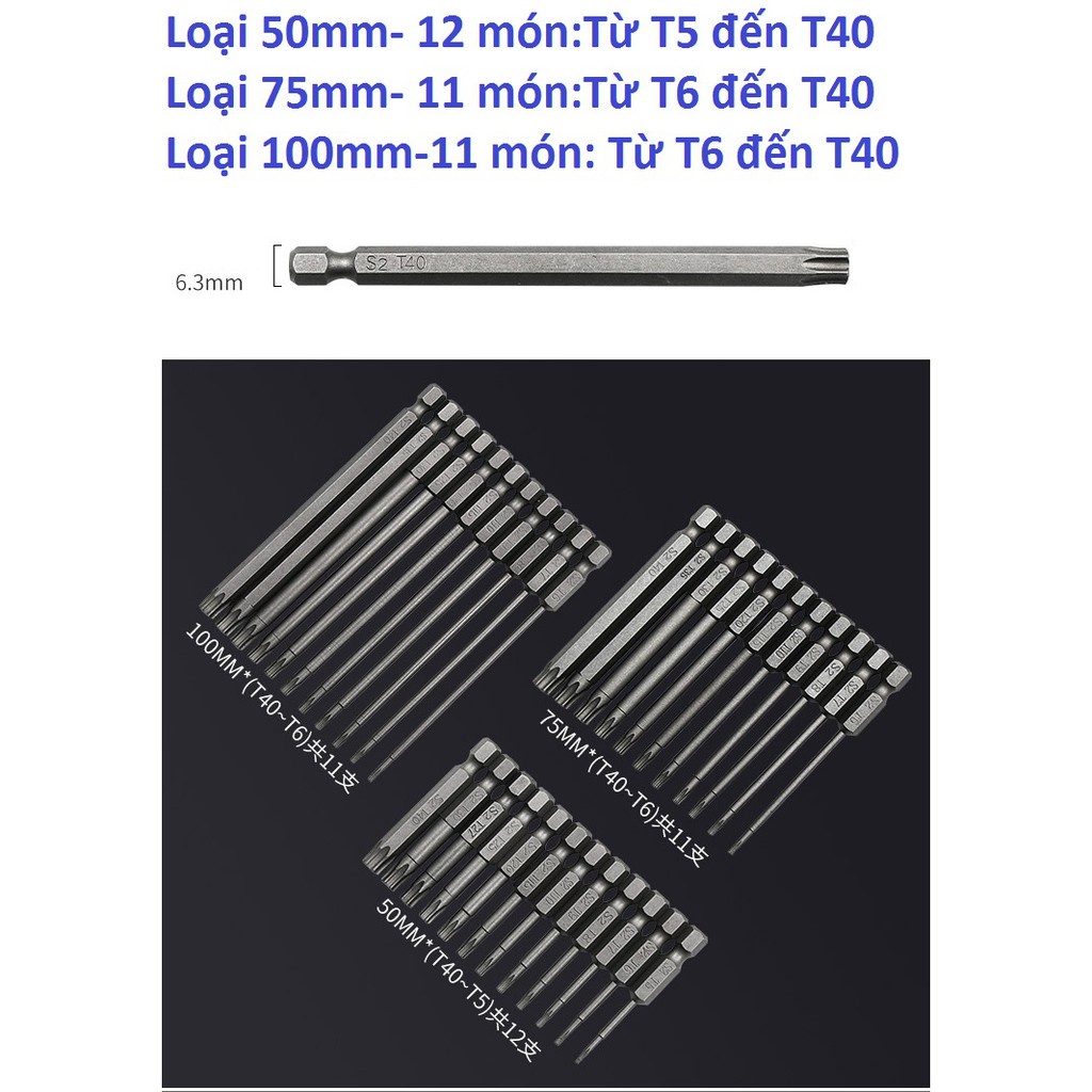 Bộ Mũi Vít Hoa Thị Có Lỗ Dài Từ 50-100-150 Chân Lục Giác Thép s2 Nhiều Kích Thướcc v.v