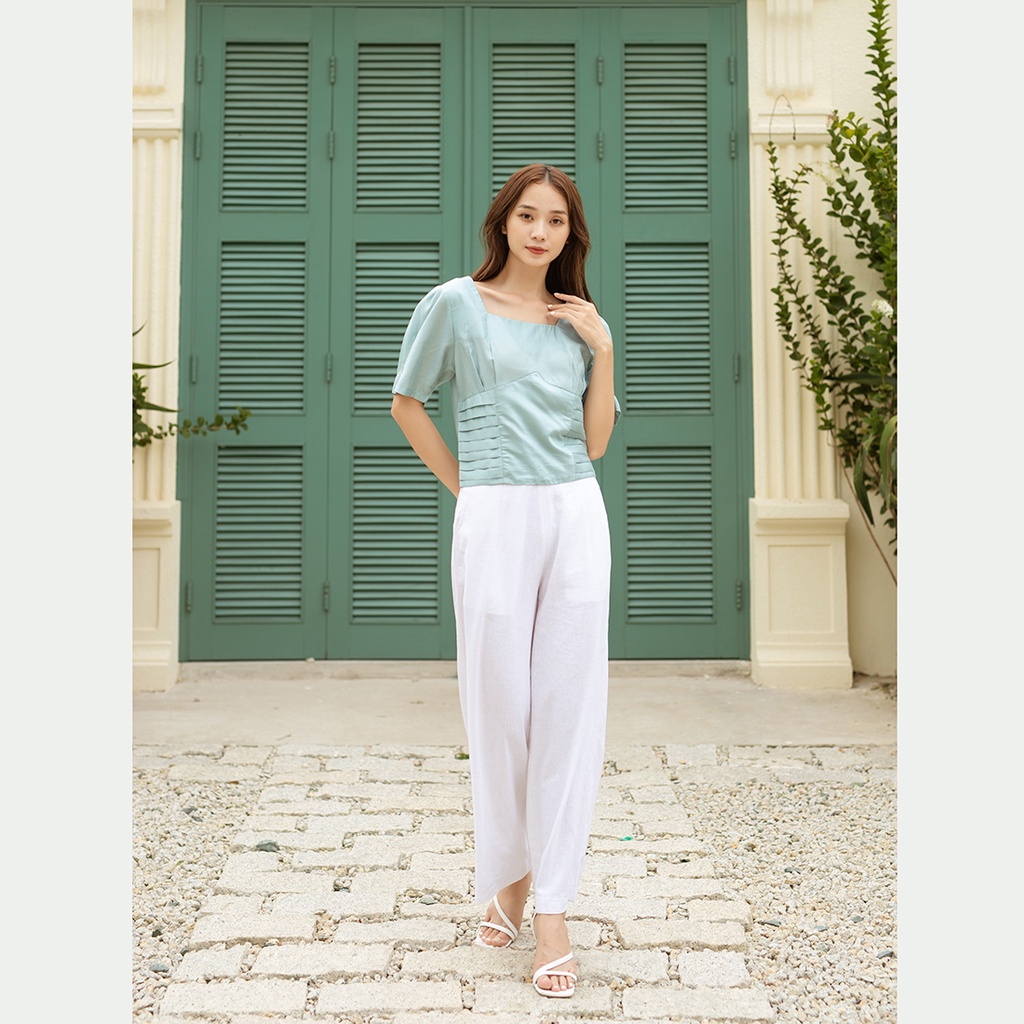 Áo kiểu nữ công sở cổ vuông xếp ly eo thời trang Eden phom tay ngắn dây kéo sau lưng - ASM182