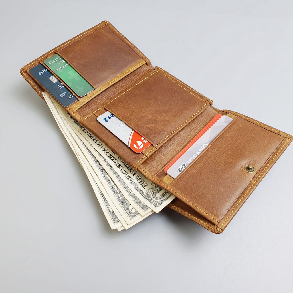 Ví nam gập 3 da bò thật WS102 - 100% da bò thật, BH 3 năm