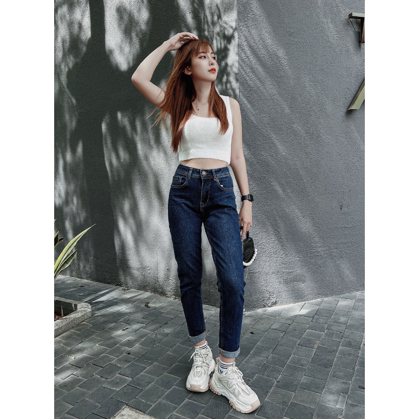 Quần jean nữ boyfriend baggy trơn dài co giãn HQJEANS