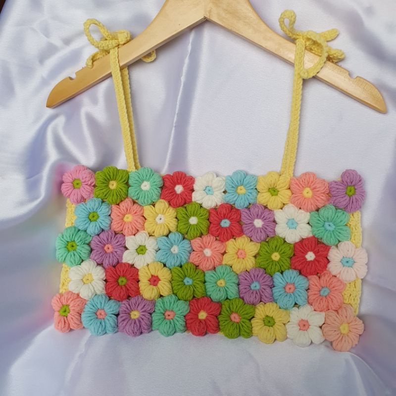 CROPTOP FLOWER - ÁO LEN GHÉP HOA NỔI HANDMADE - ẢNH THẬT