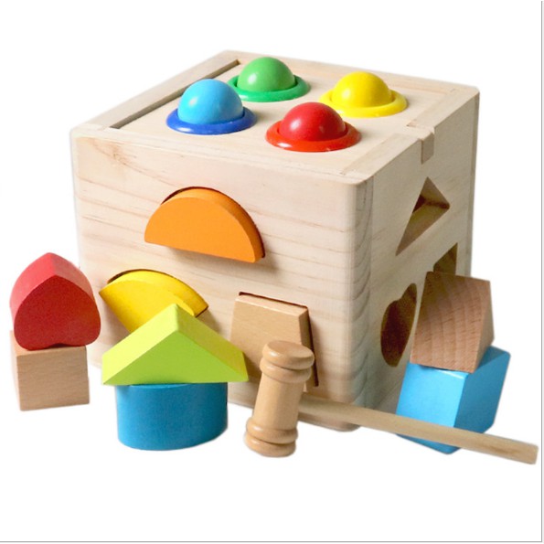 Đồ chơi gỗ montessori, hộp thả hình đập bóng hình khối và màu sắc cho bé kích thích tư duy sáng tạo