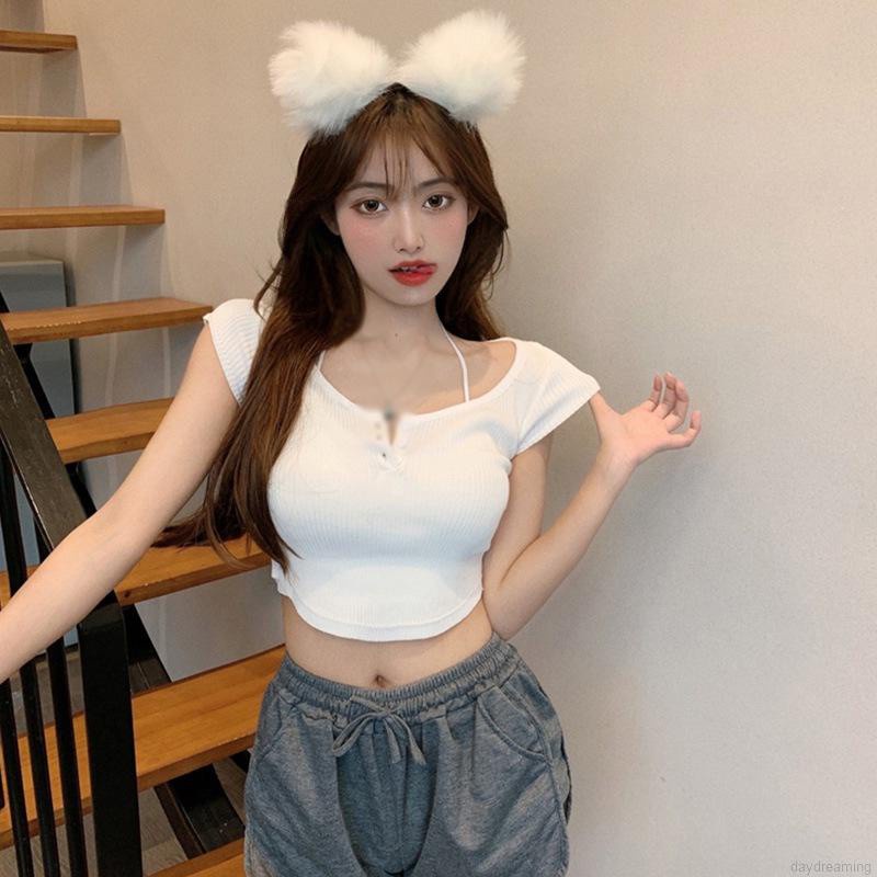 Áo Dệt Kim Tay Ngắn Cổ Chữ U Màu Trơn Phong Cách Hàn Quốc | BigBuy360 - bigbuy360.vn