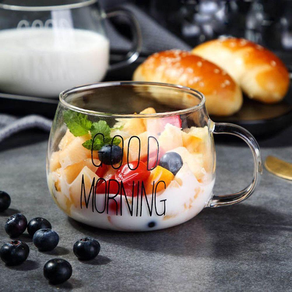 ♫DAPHNE♫ Drinkware Clear Mug Cup Empty Good Morning Milk Coffee Glass Breakfast Transparent Round Letter Printing Tea Juice with Handle