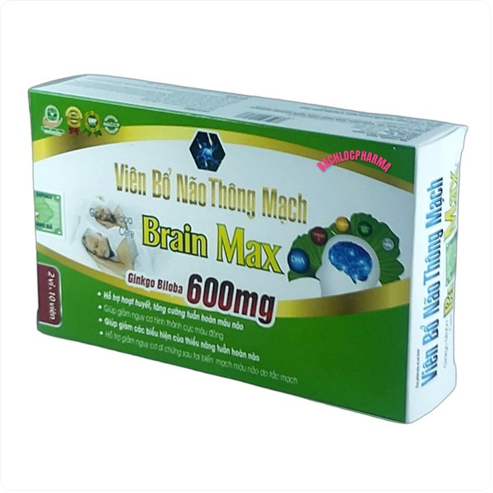 Viên Bổ Não Thông Mạch Brain Max Ginkgo Biloba 600mg dùng cho người bị thiểu năng tuần hoàn não, đau đầu, suy giảm trí n