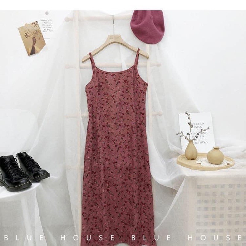 Váy 2 dây hoa nhí vintage dáng dài chất liệu nhung tăm / hàng có sẵn | BigBuy360 - bigbuy360.vn