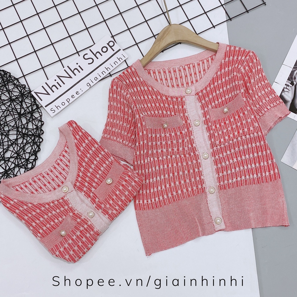 Áo len tăm túi ngực ngắn tay, Áo kiểu cúc giữa cổ tròn co giãn AL8018 - NhiNhi Shop