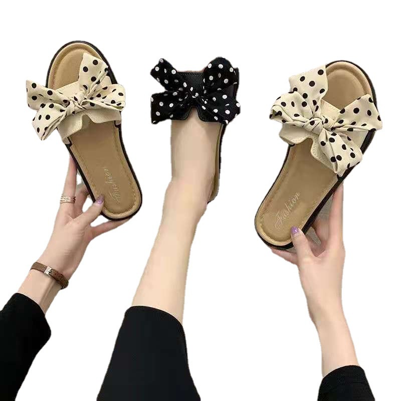 Dép Quai Ngang Đế Bằng Họa Tiết Chấm Bi Thắt Nơ Phong Cách Hàn Quốc Thời Trang Mùa Hè Cho Nữ   CHZK049