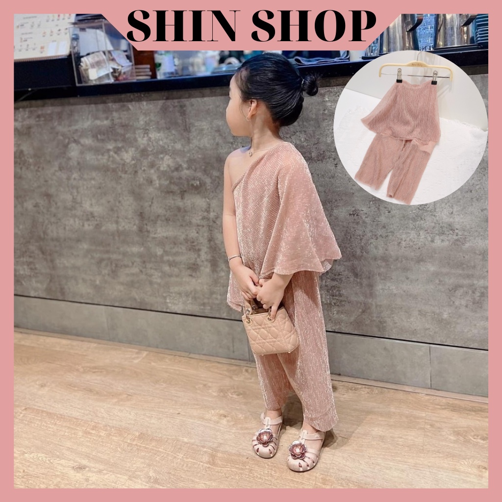 Quần áo trẻ em,Set áo váy lệch vai chất vải voan nhũ dập ly đáng yêu cho bé gái Shinshop QA20