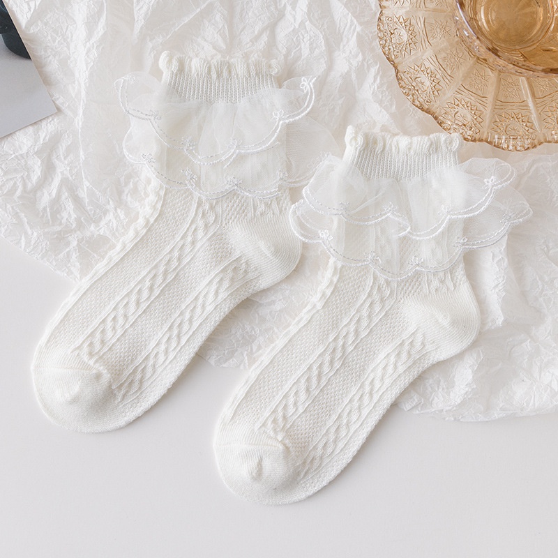 Vớ Vải Cotton Mỏng Phối Ren Thêu Họa Tiết Kiểu Lolita Dễ Thương Cho Bé Gái