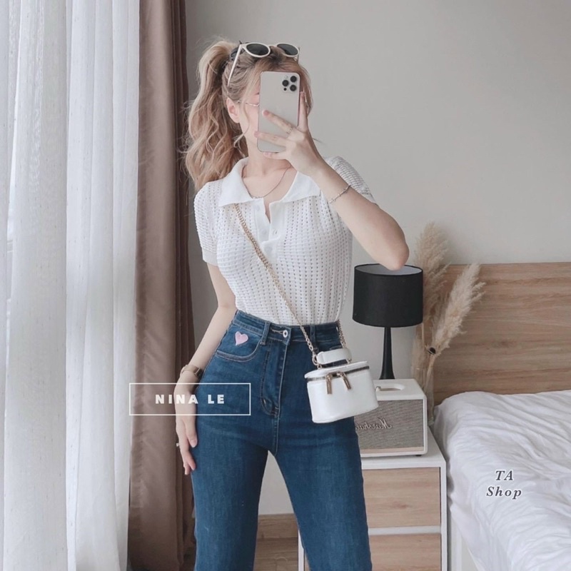 Áo len lỗ cổ đức bo gấu màu trắng duy nhất, dáng áo len polo