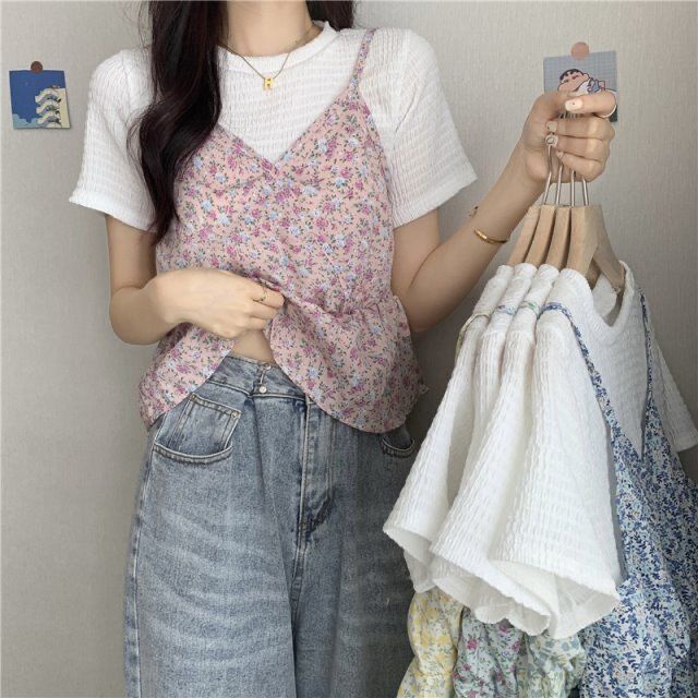 Áo kiểu SUXI giả hai lớp tay ngắn cổ tròn dáng rộng in họa tiết hoa phong cách Hàn Quốc mùa hè năng động cho nữ
