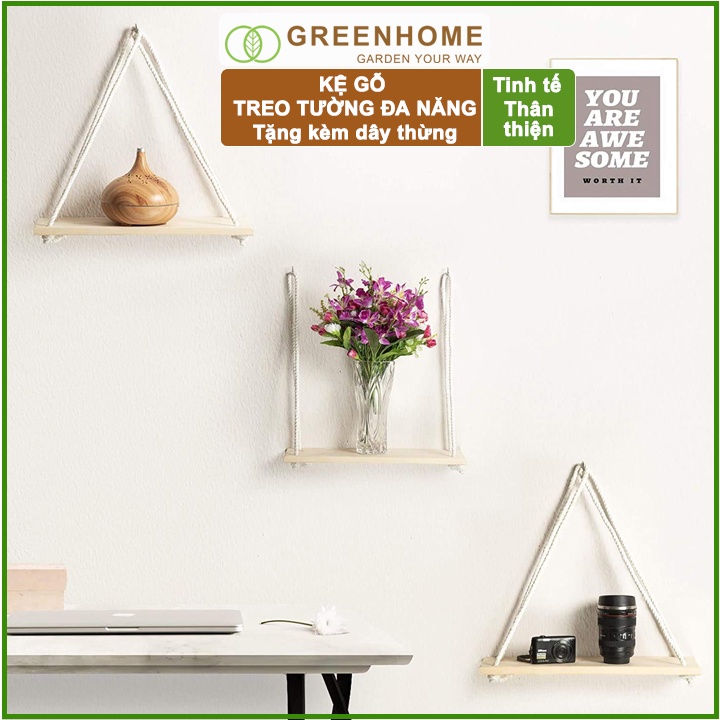 Bộ 2 Kệ gỗ treo tường, D40xR12cm, gỗ thông, tặng kèm 2m dây thừng |Greenhome