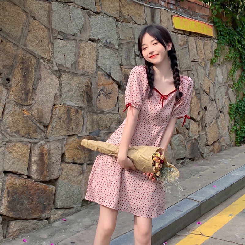 Đầm Hoa Cổ Vuông Thắt Nơ Phong Cách Nhật Bản Mới Dành Cho Nữ