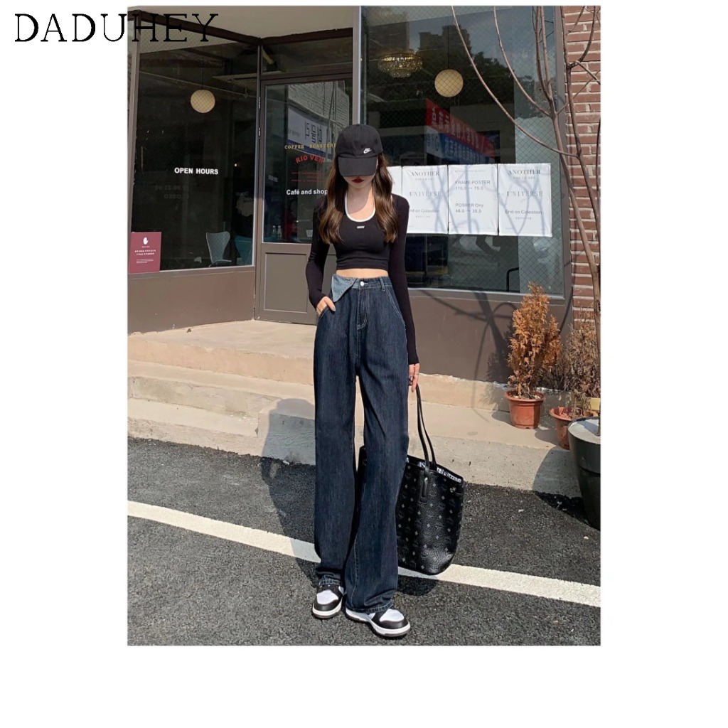 Daduhey Quần jeans dài ống rộng lưng cao thời trang dành cho nữ